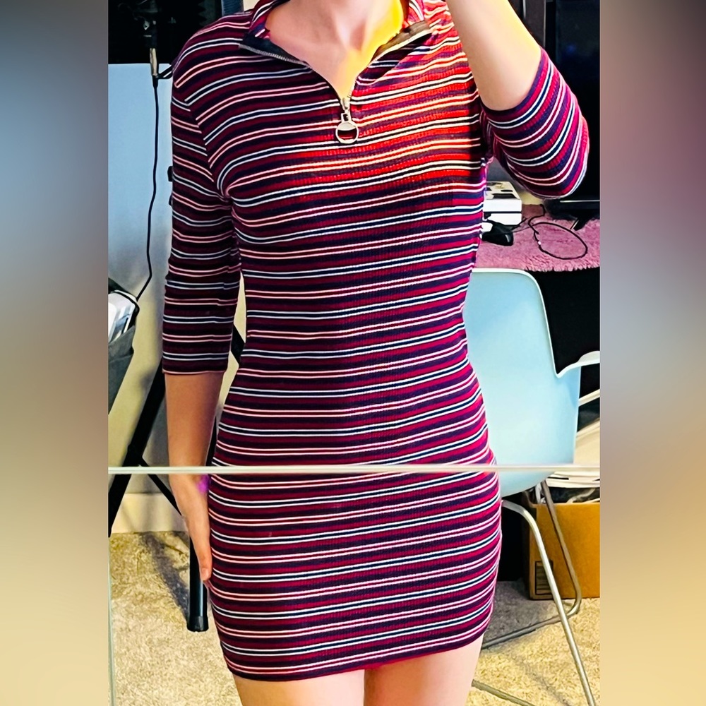 Red, white and black striped slim fit dress.